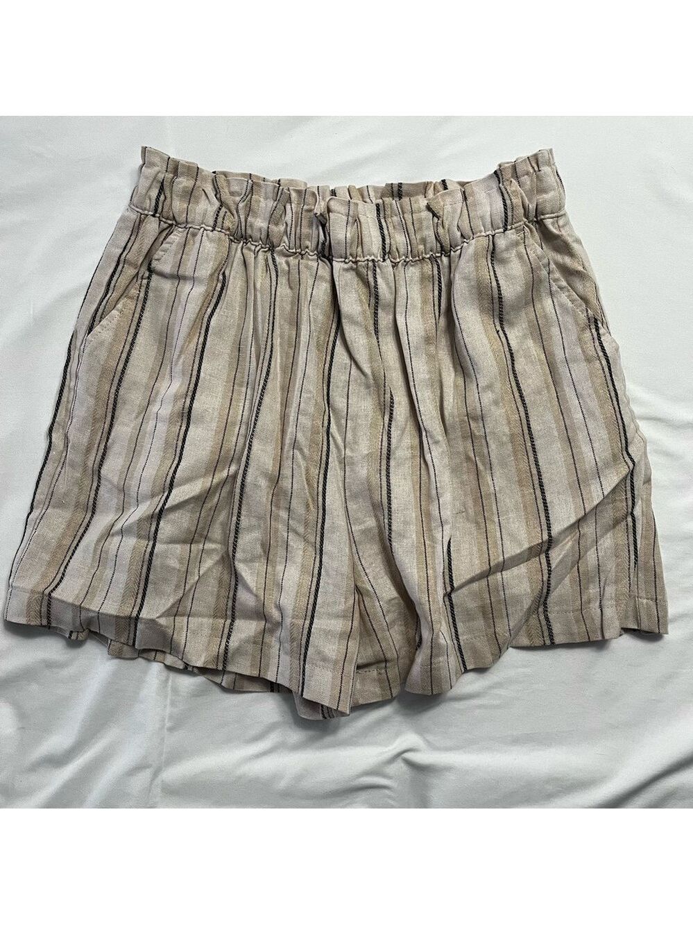 NWT Linen Blend Paperbag Shorts Striped High Rise Beige Size M